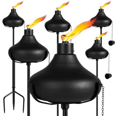 Imagem de FAN-Torches Conjunto de 6 tochas de jardim doméstico de 694 g, decoração de jardim de tocha de metal para exterior, tochas de citronela atualizadas de 140 cm com estaca aterrada de 3 pinos, tochas de luz de metal para caminho de pátio de festa