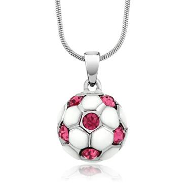 Imagem de Gem Stone King Pingente de bola de futebol branca deslumbrante com cristais rosa para mulheres com corrente de cobra de 40,64 cm, Metal