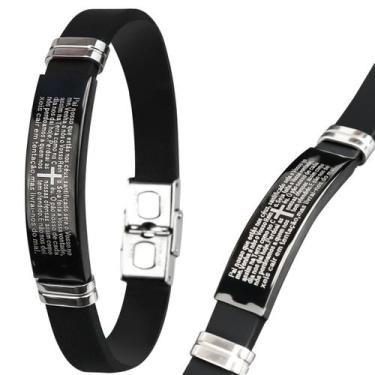 Imagem de pulseira masculina preta pai nosso oração silicone placa original qual