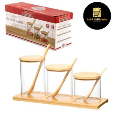 Imagem de Jogo de Potes Porta Condimentos Vidro com Colher e Suporte em Bambu 3 