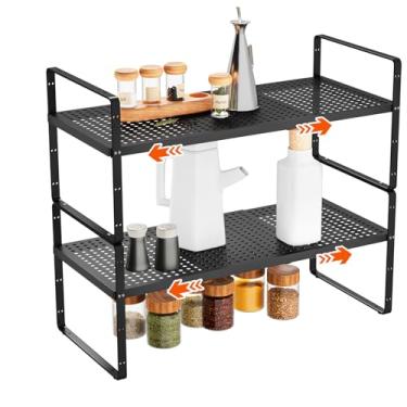 Imagem de DPZM Pacote com 2 prateleiras de armário expansíveis empilháveis de 41 a 69 cm, organizador de prateleira de armário ajustável para cozinha, bancada, despensa e armário, preto