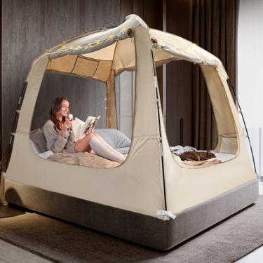 Imagem de RIYDH Barraca para cama, dossel respirável 100% para adultos e crianças, redução de luz, barracas de sonho para dormir, interior, portátil, grande espaço com cordão de luz, 4 portas, solteiro, queen