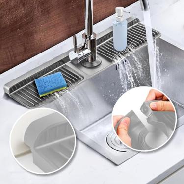 Imagem de Protetor contra respingos de pia de cozinha de 45 cm com botão de pressão, tapete de torneira de silicone atualizado para alça de pia de cozinha, bandeja coletora de gotejamento, protetor contra