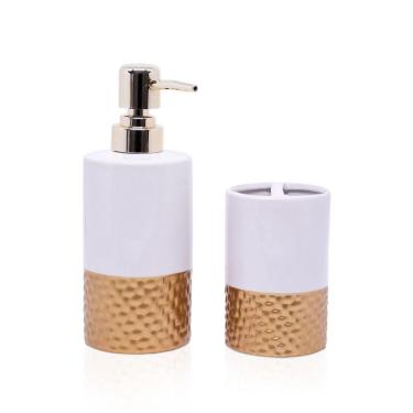 Imagem de Kit Banheiro 01 Porta Sabonete Liquido 01 Porta Escova Em Cerâmica Branco Dourado