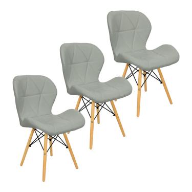 Imagem de Kit 3 Cadeiras Charles Eames Eiffel Slim Wood Estofada - Cinza