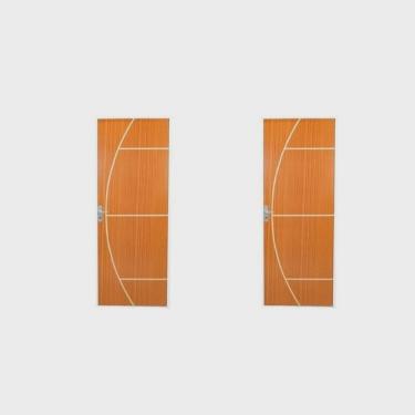 Imagem de 2 Kits Porta de Madeira Decorada 215x65cm com Batente de Aço 06cm Gaúcha Mogno