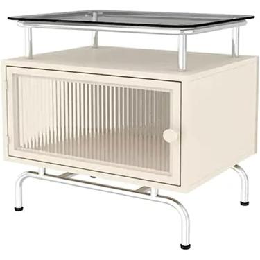Imagem de Mesa de canto simples htstand de metal com prateleira aberta mesa de cabeceira gaveta de armazenamento vestido de cabeceira de vidro temperado armário de cabeceira
