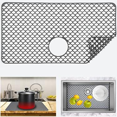 Imagem de Protetor de silicone para pia de cozinha 71 cm x 38 cm, encaixe de grade de pia de cozinha com ralo traseiro, resistente ao calor, antiderrapante, tapete de pia de porcelana de aço inoxidável de fazenda