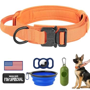 Imagem de HYDEME Coleira tática de nylon ajustável com alça de controle e fivela de metal pesado para cães médios e grandes, com patches, airtags, estojo e dispensador de saco de cocô e tigela portátil (L