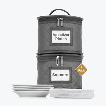 Imagem de Pacote com 2 - Estojo de armazenamento de pires de 18 cm - Recipiente de armazenamento da China - empilhável com interior acolchoado para guardar seus pratos de jantar - 24 divisórias de feltro