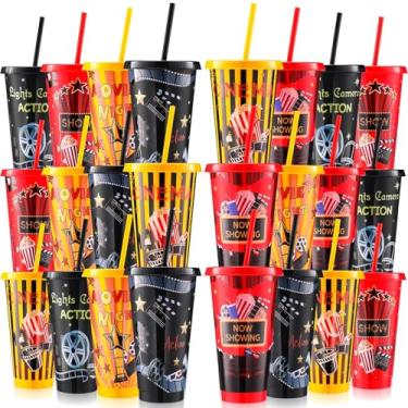 Imagem de Sweetude 24 Pcs Movie Night Cups Movie Night Party Supplies Favors Movie 24oz Cups with Lid and Straw Disposable Plastic Cups for Movie Party Decorations Birthday Party Favors
