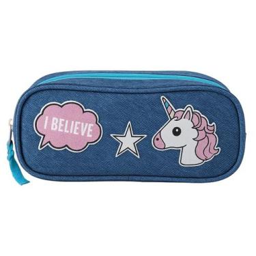 Imagem de Estojo Escolar Unicórnio I Believe Clio Com 2 Compartimentos Azul - Cl