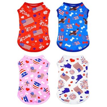 Imagem de PET SHOW Pacote com 4 roupas para cães de 4 de julho para cães médios e grandes, camisetas patrióticas, colete listrado, bandeira americana, camisetas para o Dia da Independência, festas de fim de