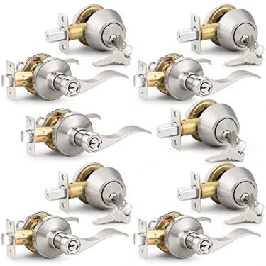 Imagem de Probrico Conjunto de fechadura de porta externa, maçanetas de porta frontal, maçanetas de porta de entrada e fechadura combinadas com fechadura de cilindro duplo, ferragens externas e internas, níquel