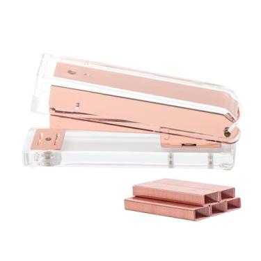 Imagem de Grampeador manual com grampeador transparente ouro rosa padrão com 1000 26/6 kit de grampos para mesa casa escola escritório artigos de papelaria decoração de acessórios (grampeador ouro rosa)