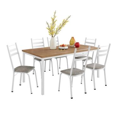 Imagem de Conjunto de Mesa Retangular com Tampo de MDP Amadeirado e 6 Cadeiras Adriana III Revestimento Sintético Cinza Claro e Branco