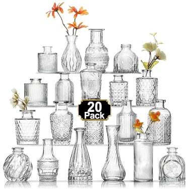 Imagem de Arme Conjunto de 20 vasos de botão, mini vasos para flores, pequeno vaso de vidro vintage para centros de mesa, lindos vasos de botão transparente para decoração de casamento de flores em casa