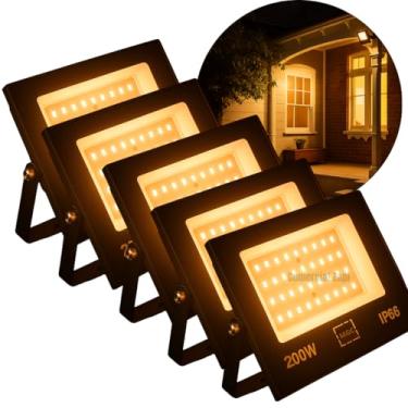 Imagem de KIT 5 Refletor LED 200W Holofote Bivolt Branco Quente IP66 SMD à Prova D'Água, Luz Alta Potência para Fachadas, Jardins, Piscinas, Eventos, Iluminação Moderna, Linha Premium