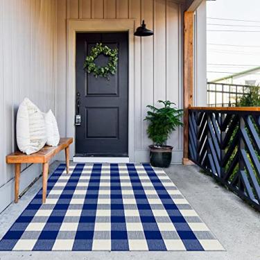 Imagem de MUBIN Tapete xadrez de búfalo de algodão, 1,2 m x 1,8 m, azul e branco, tapete decorativo para porta da frente, tapete dobrável tecido à mão para tapetes de porta em camadas, tapete lavável para