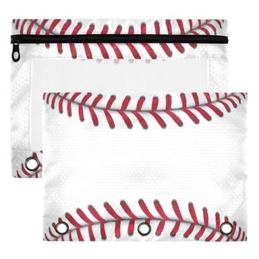 Imagem de Bolsas de fichário com tema esportivo, 3 anéis para meninos, meninas, escola, escritório, faculdade, beisebol, softball, renda, vermelho, bolsa para lápis, bolsa com janela transparente e zíper
