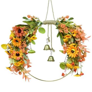 Imagem de Guirlanda de girassóis laranja de outono para porta da frente guirlanda de meio círculo com sino, guirlanda de colheita artificial de ação de graças com orelhas de trigo, flores e folhas para
