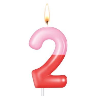 Imagem de Conelist Velas de porco rosa, número de velas, decorações de bolo de aniversário, enfeite de cupcake para meninos e meninas (rosa vermelho número 2)