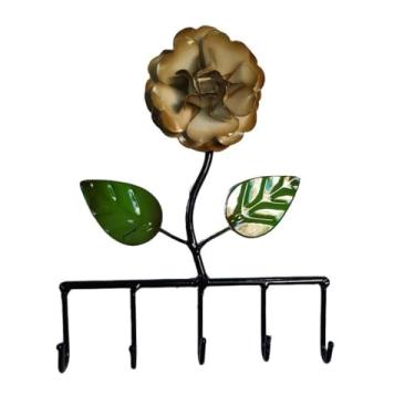 Imagem de Cabide Porta Chaves Em Ferro Com Flor Parede 5 Ganchos (Branco - Dourado)