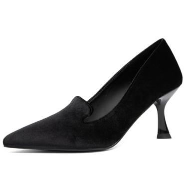 Imagem de NEWBELLA Sapato feminino stiletto de 6 cm – Salto de camurça de bico fino para escritório, casamento e festa, sapato social de salto médio sem cadarço, Preto, 36