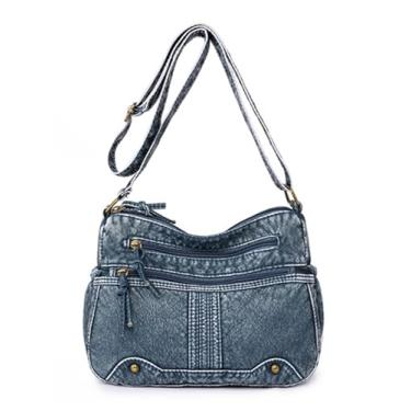Imagem de SHAREYOIU Bolsa de ombro feminina de poliuretano retrô com vários bolsos, bolsa tiracolo estilo jeans, Azul