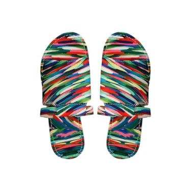 Imagem de GORGLITTER Sandália feminina jeans rasteira larga larga arco-íris bico aberto elegante sandália deslizante, Verde, 38