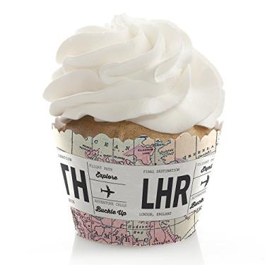 Imagem de World Awaits – Decorações temáticas de viagem – Embalagens de cupcake de festa – Conjunto de 12