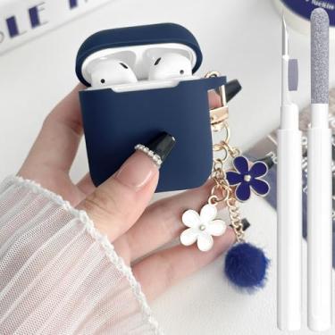 Imagem de Linda capa azul para AirPods 2ª/1ª geração, capa para meninas e mulheres, com chaveiro de flor pompom e kit de limpeza, silicone macio, Airpods iPod 2ª/1ª geração, capa protetora para AirPods 2/1