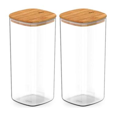 Imagem de Kit 2 Pote Hermético Tampa De Bambu Transparente 1,5L Ou