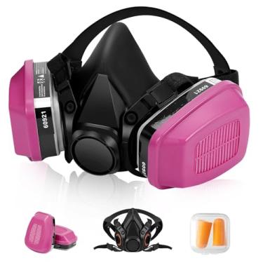 Imagem de LQIQIZ Máscara respiratória reutilizável com filtros - máscara de gás respirador químico de meia face para pintura a vapor orgânica de resina epóxi (preta 6200 60921)