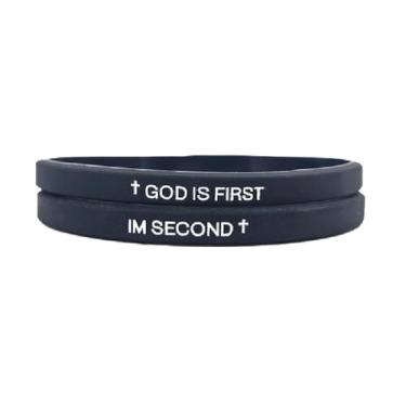 Imagem de ChungLong0593 Conjunto de pulseiras de silicone cristão - God is First, I Am Second | Joias baseadas na fé para homens/mulheres | Presentes religiosos multicoloridos para igreja, grupos de jovens