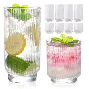 Imagem de WeirdUncle Conjunto de 8 copos de vidro com nervuras com base de cristal, 4 copos Highball de 400 ml e 4 copos de 255 g, Art Deco, para água, café gelado, coquetel, suco, uísque, presente