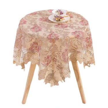 Imagem de Toalha de mesa quadrada pequena bordada de renda floral vintage estilo francês toalha de mesa com macramê chique capa de mesa para casamento, prata, casa, aniversário, cozinha, decoração marrom e rosa