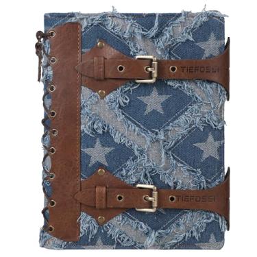 Imagem de TIEFOSSI Diário jeans para mulheres e homens, diários vintage de couro PU, caderno pautado para faculdade com fichário de 6 anéis, cadernos recarregáveis com bolsos para esboços de viagens escolares
