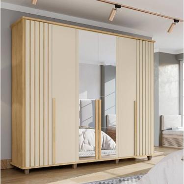 Imagem de Guarda Roupa Com Espelho Ripado França 6 Portas Cinamomo/Off White – RV Móveis