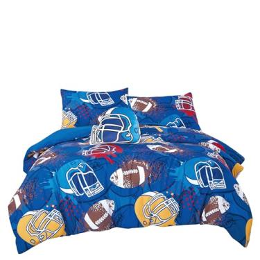 Imagem de WPM WORLD PRODUCTS MART Jogo de edredom com estampa de futebol americano, design de estrelas e capacete, para meninos, meninas, adolescentes, jogos de bola esportiva, azul (moderno, poliéster, casal)