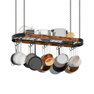 Imagem de CHOEZON Rack de panela suspenso de 100 cm, cabide de panela que economiza espaço para cozinha, rack de teto com 16 ganchos S destacáveis, estrutura de metal resistente, estilo industrial, marrom