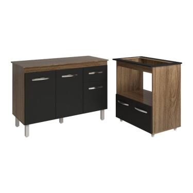 Imagem de Balcão Armário Gabinete Aline 118 Cm Preto Com Tampo E Balcão Evelyn Para Cooktop 5 Bocas Preto