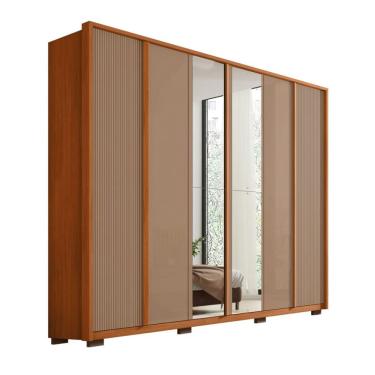 Imagem de Guarda-Roupa Casal com Espelho Cleo Ripado 6 Portas 4 Gavetas Freijó e Bege