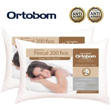 Imagem de 2 Travesseiros Ortobom 200 Fios 100% Algodão Macio Confortável