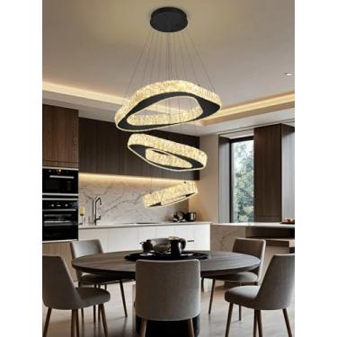 Imagem de Lustre preto moderno ajustável com 3 anéis lustre de cristal para sala de estar, hall de entrada, escada, iluminação de teto alto, regulável 2700K-6000K