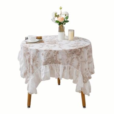 Imagem de Toalha de mesa de renda champanhe de 118 cm x 118 cm com babados – capa de mesa quadrada boho moderna e retrô, resistente a rugas, lavável na máquina, para mesas de café e jantar