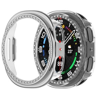 Imagem de Compatível com Samsung Galaxy Watch 8 44 mm Bling Diamond Case PC Bumper Capas protetoras Mulheres Homens Cristal Brilhante Strass Capas Acessórios Smartwatch Capa (Prata Transparente, 44 mm)