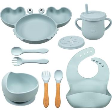 Imagem de Kit Alimentação Bebê Silicone Completo 9 Peças | Prato, Copo, Talheres, Babador | BLW, Livre de BPA, Antiderrapante (AZUL)
