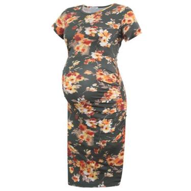 Imagem de Vestido de maternidade Smallshow manga curta franzido floral laranja