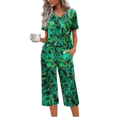 Imagem de Conjunto de pijama feminino Ekouaer de manga curta de algodão com calç